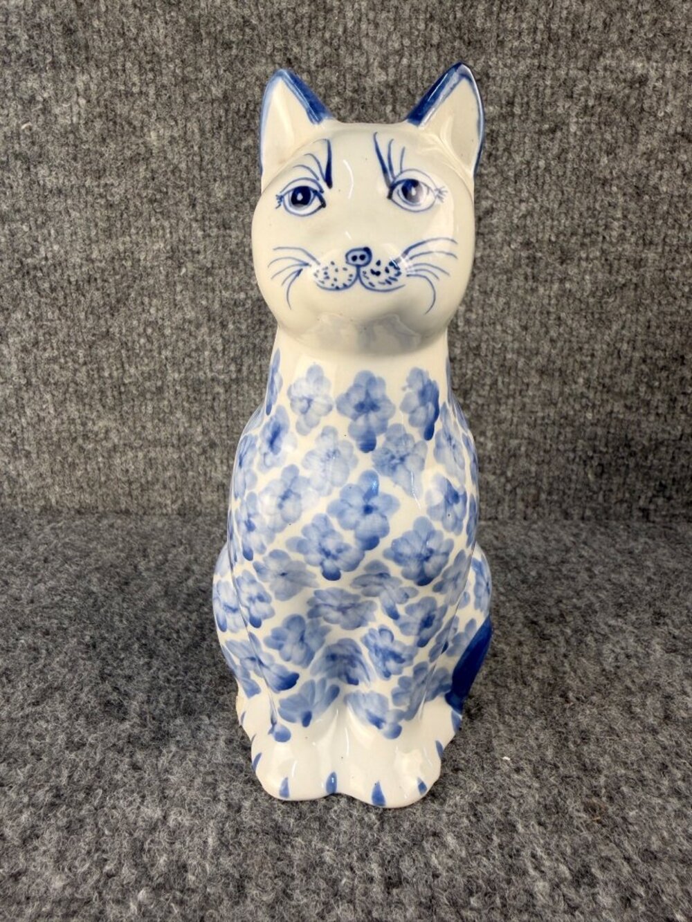 Vintage Blue & White Ceramic Cat Figurine 8β Chinoiserie Delft Styl